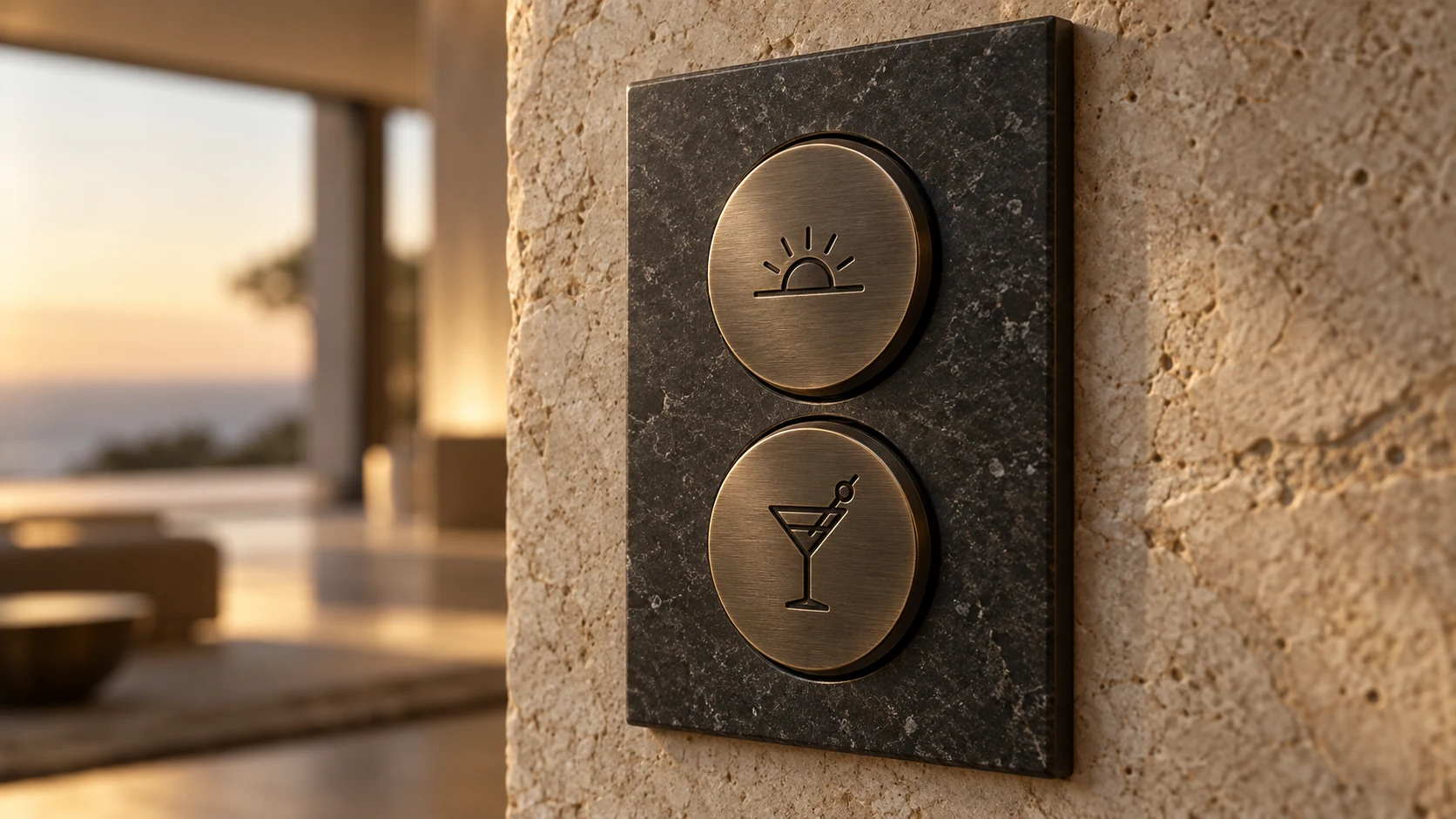 A beautifully milled architectural keypad set flush into a wall, engraved with simple scene names.
