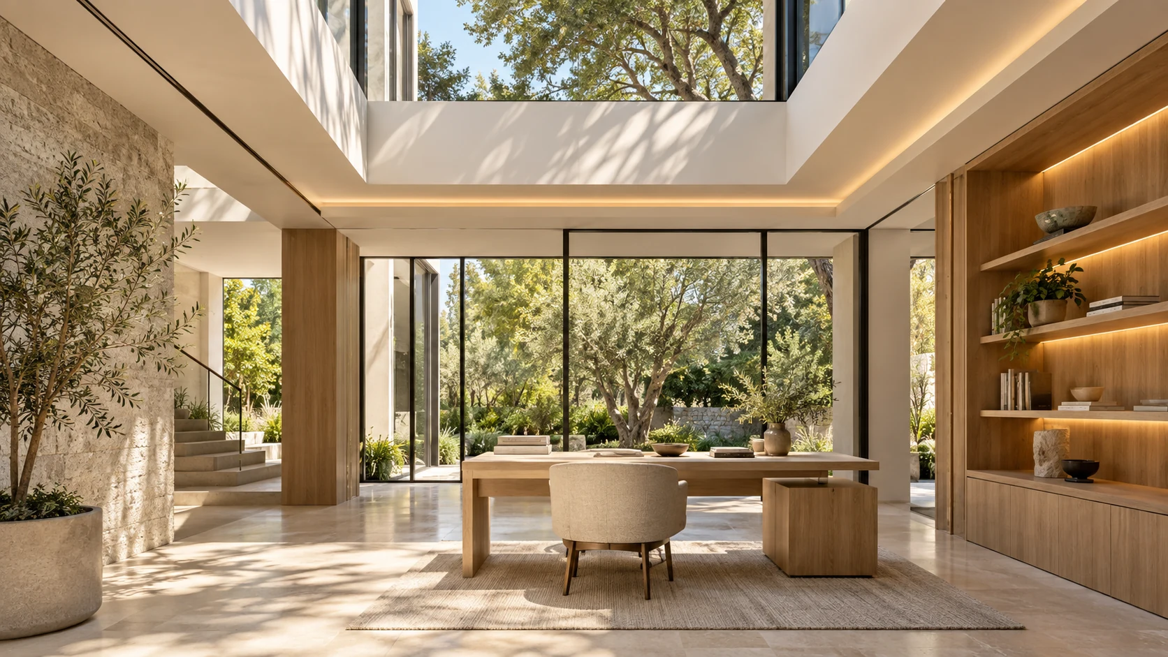 Daylight mapped across a living space, balancing natural light with integrated, high-CRI fixtures.