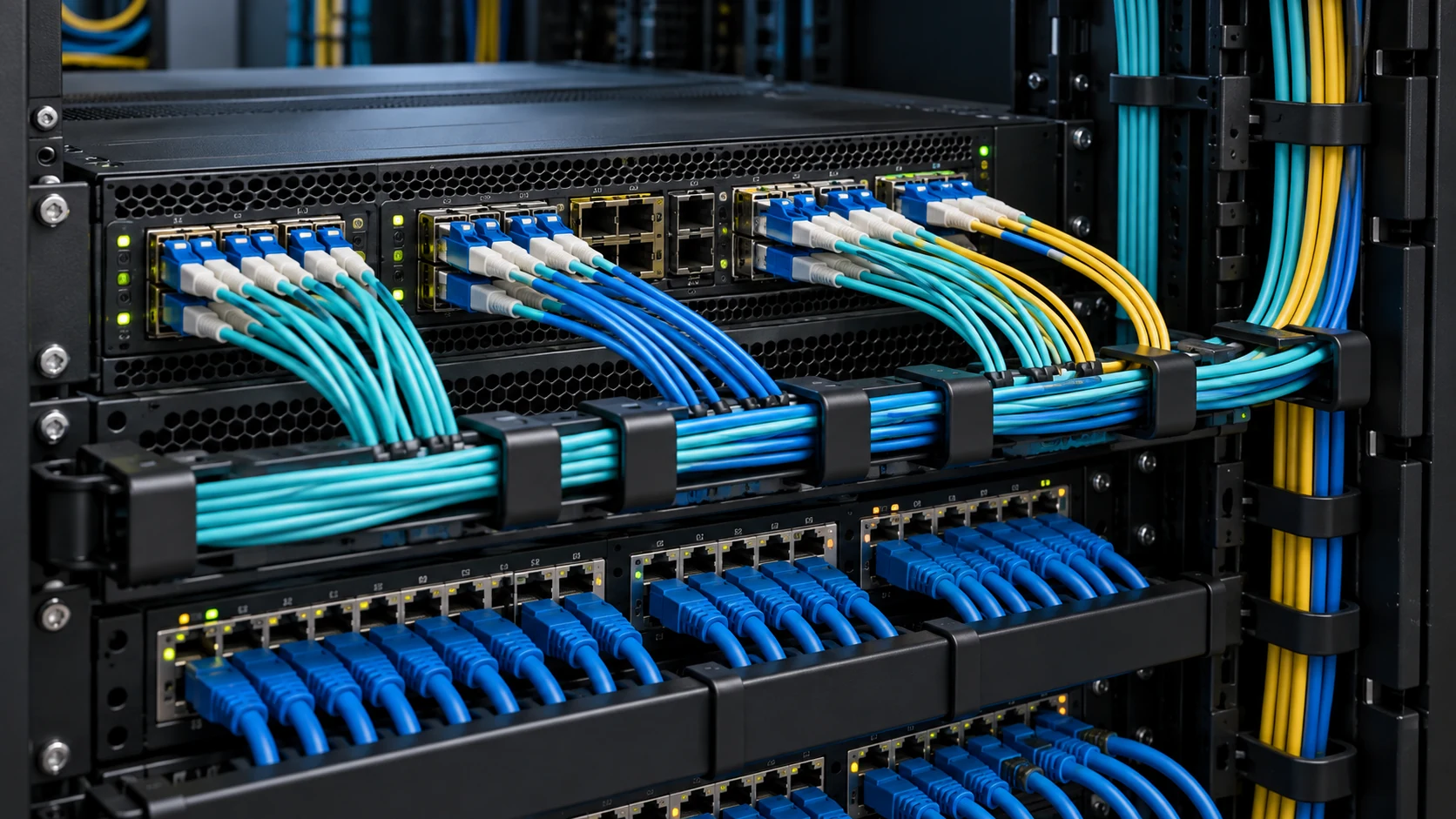 Structured fiber optic cabling routed cleanly through a building riser to media and access points.