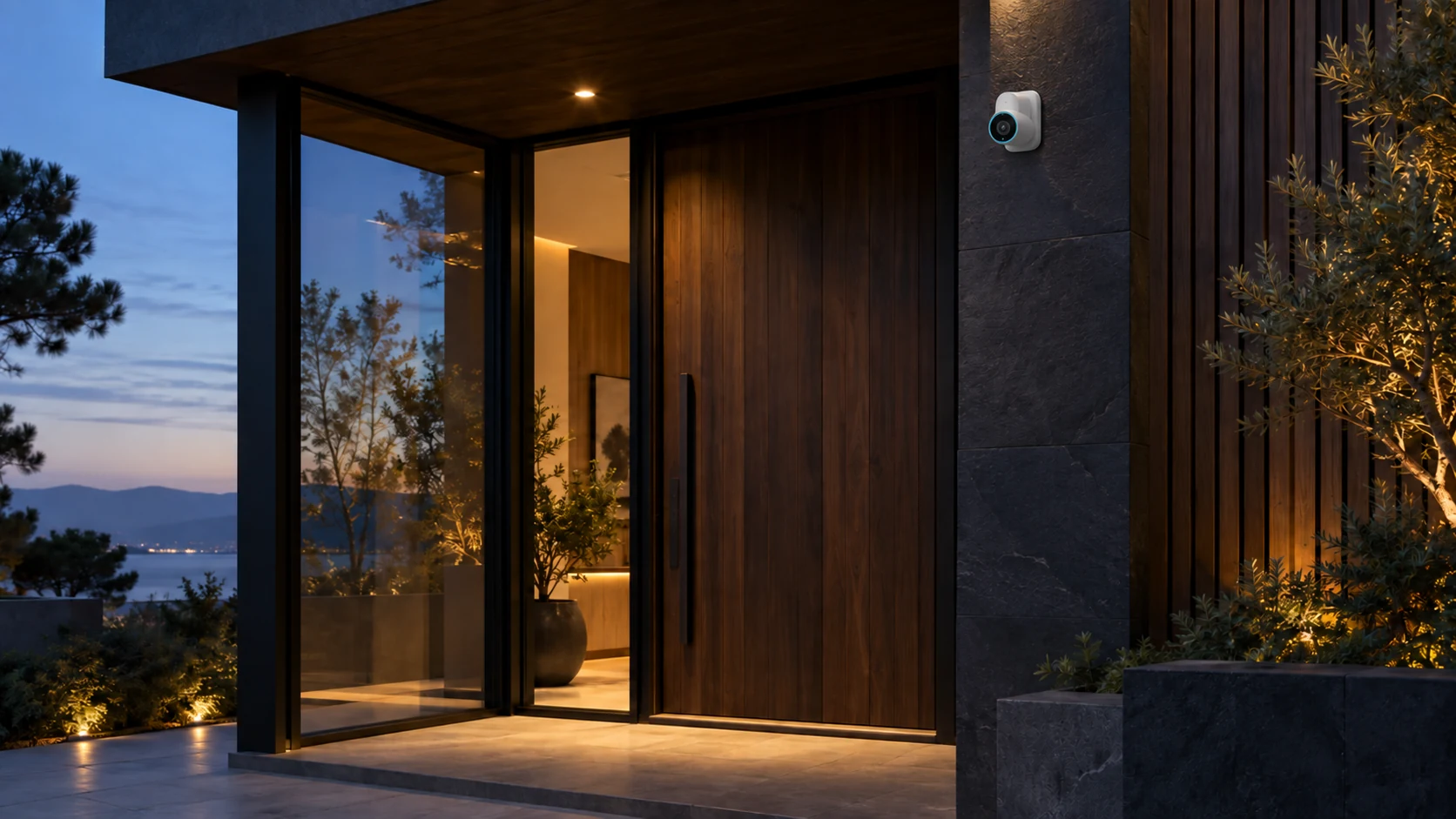 A discreet camera positioned to monitor an entrance, processing events without sending raw footage offsite.