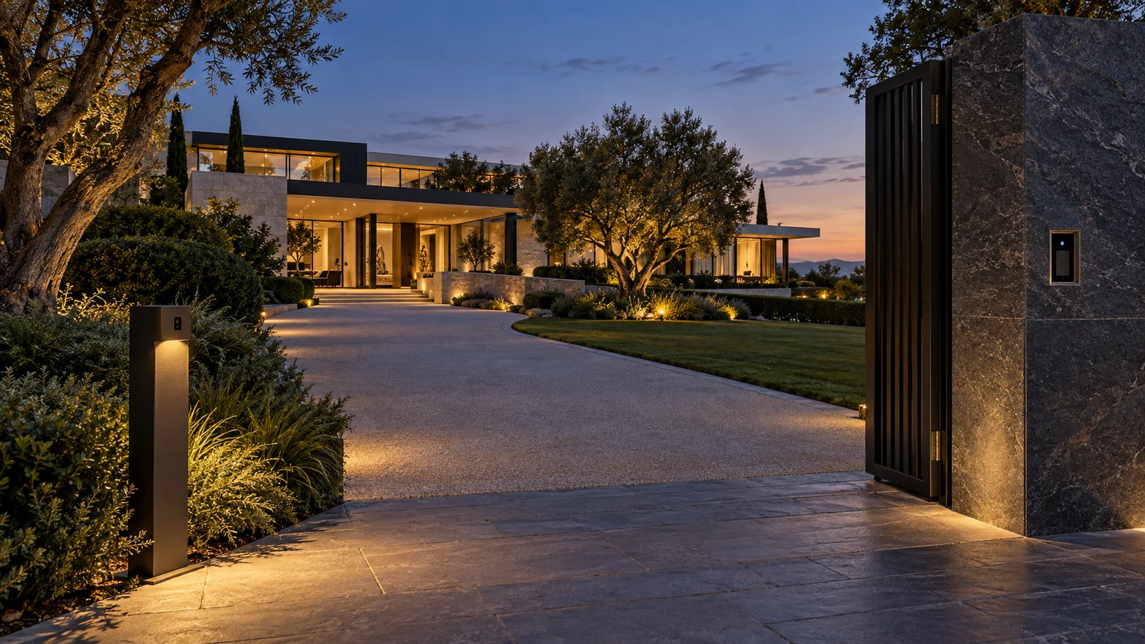 A refined entrance where access control and sensors are concealed within the architecture and landscape.