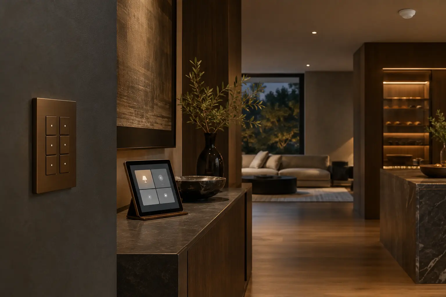Architectural control options: a flush wall keypad, tablet and discreet ceiling sensor.