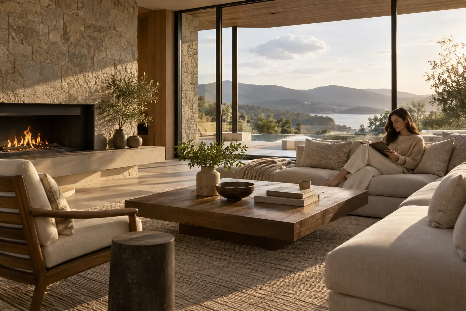 A person relaxing with a book in a comfortable, naturally lit lounge.