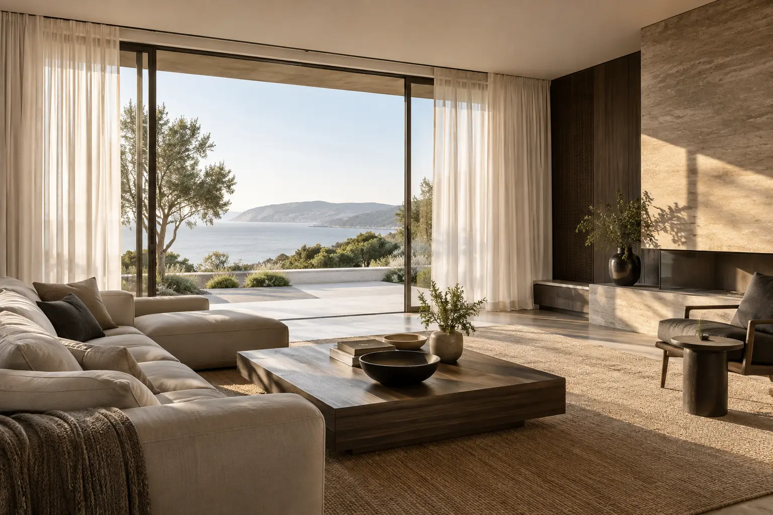 Morning sunlight enters the living room through open sheer curtains.