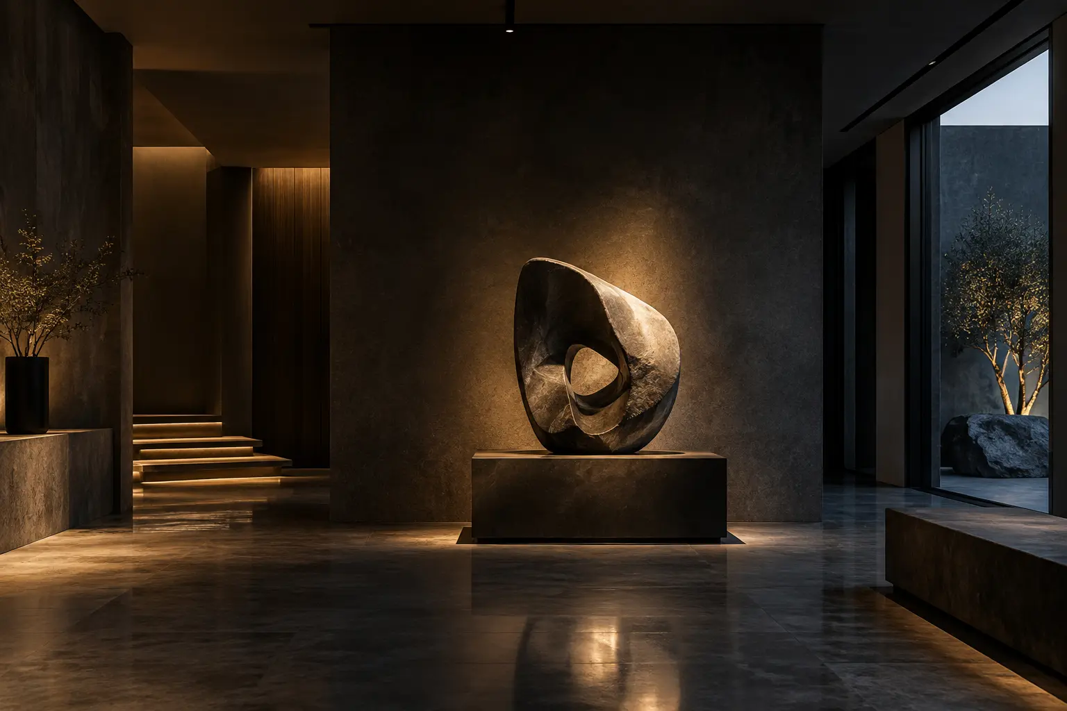 Focused illumination brings a sculpture into view against a subdued gallery.