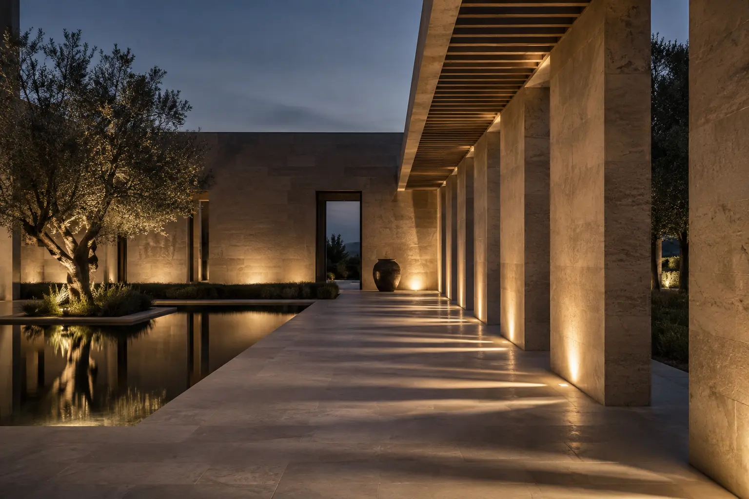 Light and shadow establish rhythm between courtyard columns.