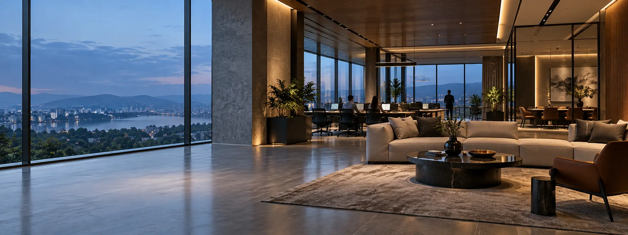 A modern office and lounge supported by discreet, integrated network infrastructure.