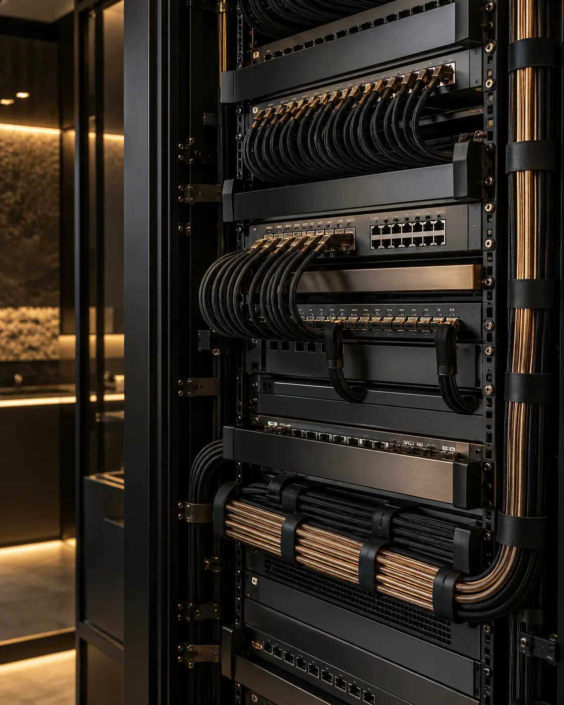 Precisely organised structured cabling and enterprise network equipment.