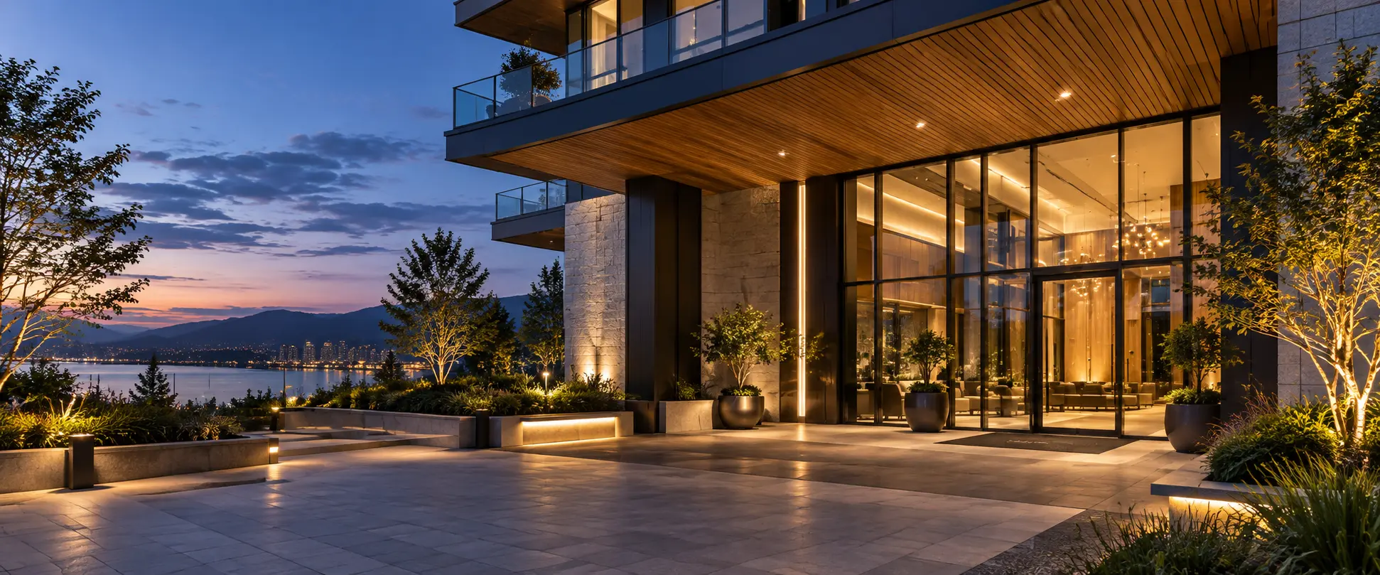 A serene modern building entrance illuminated at dusk.