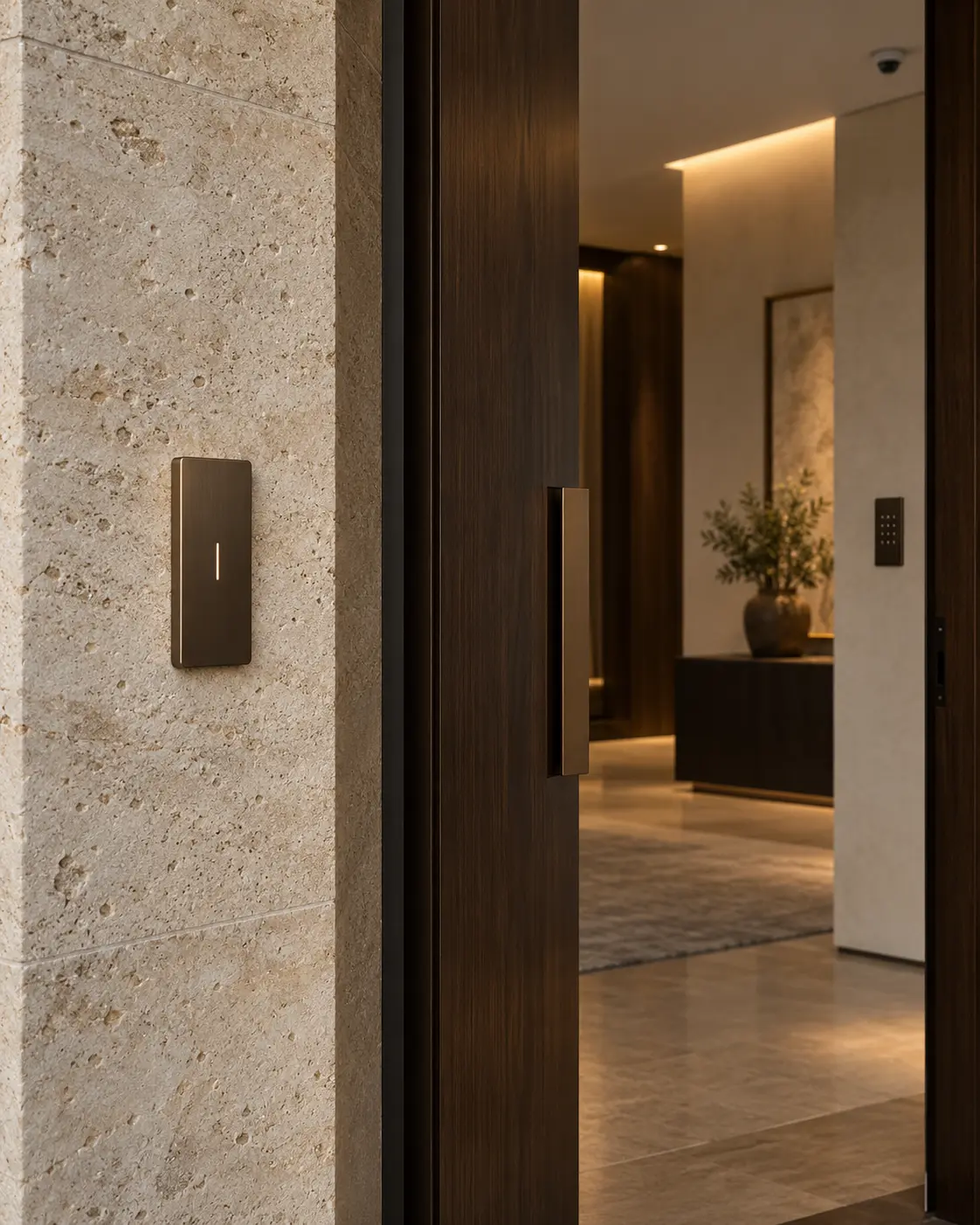 A discreet access reader integrated into a refined stone and timber entrance.