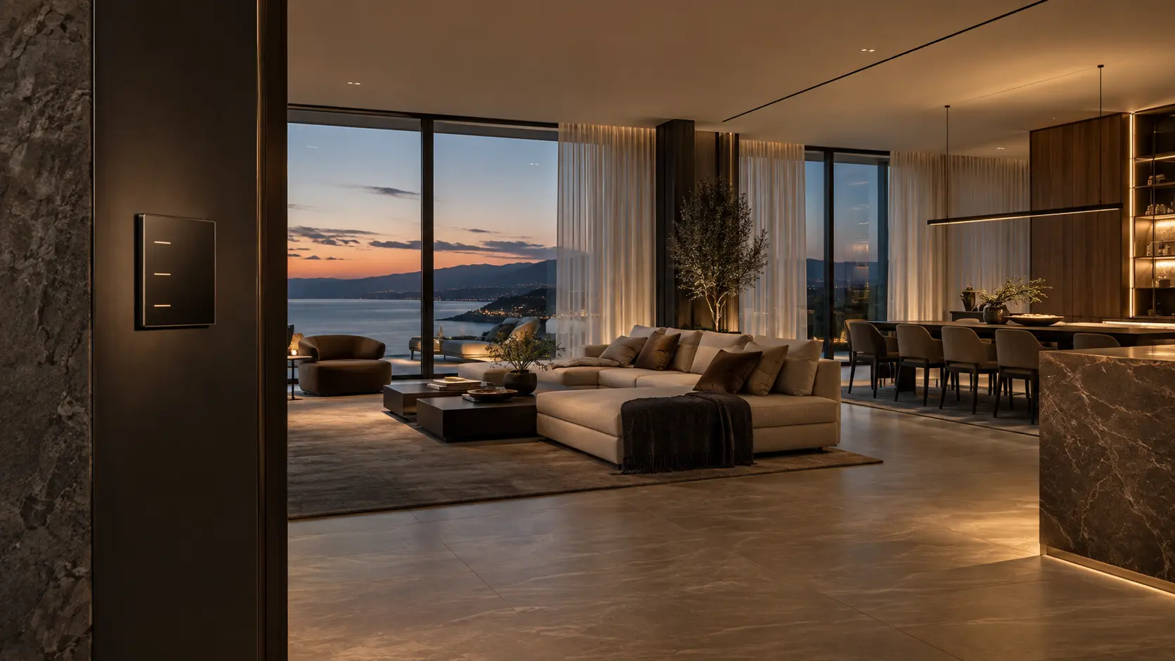 An expansive interior with quietly integrated controls and warm evening light.