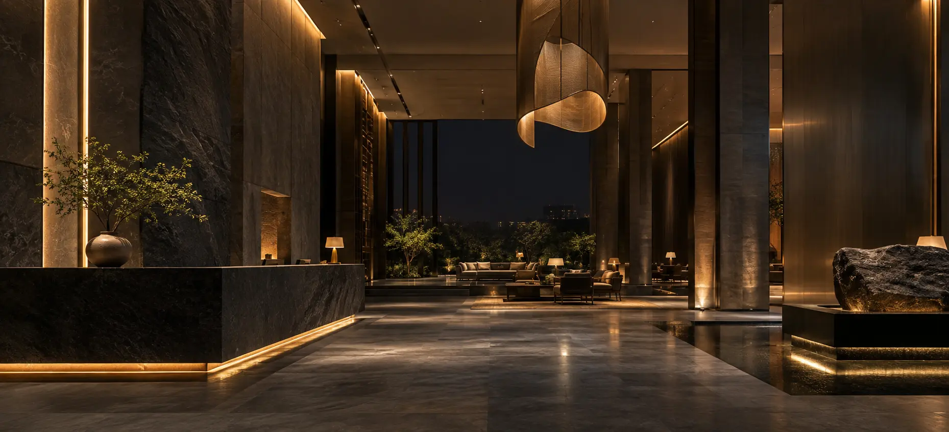 Warm integrated lighting reveals stone, volume and materials in a contemporary lobby.